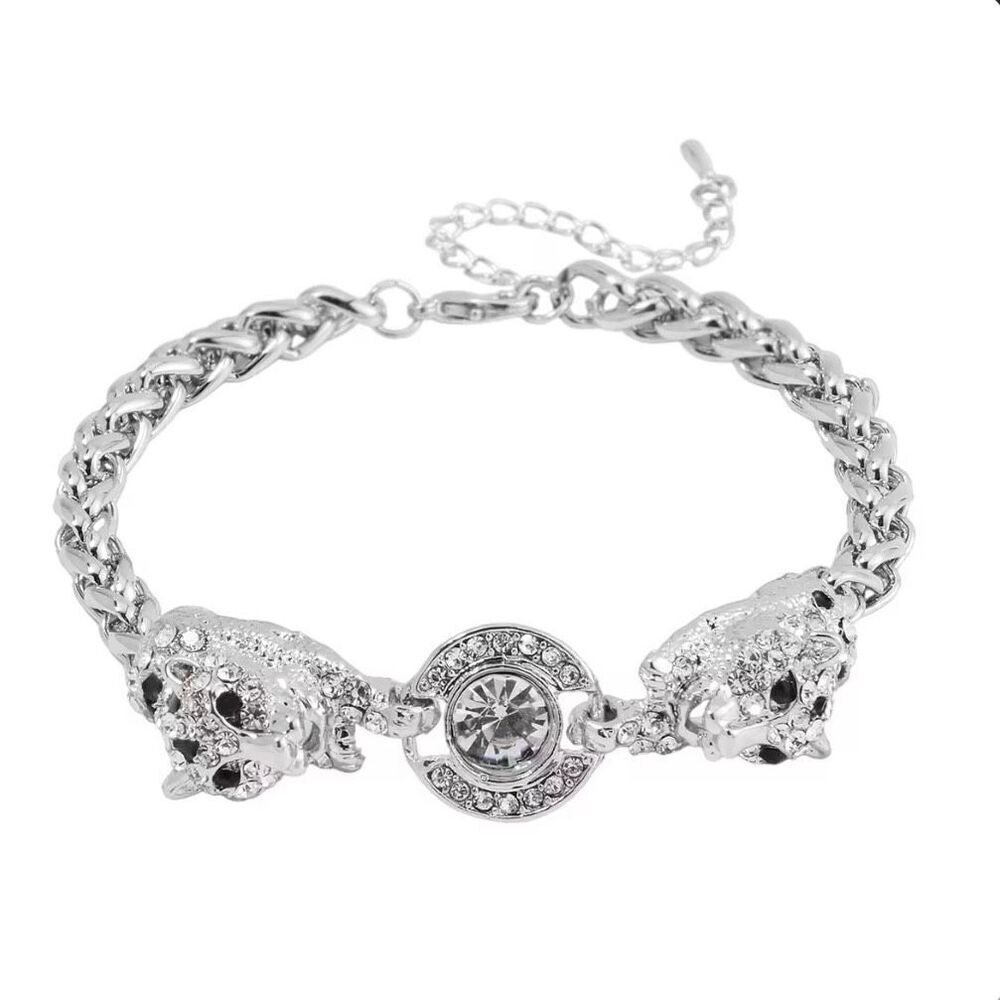 Black and White Austrian Crystal Enameled Tiger Silver Adjustable Bracelet New